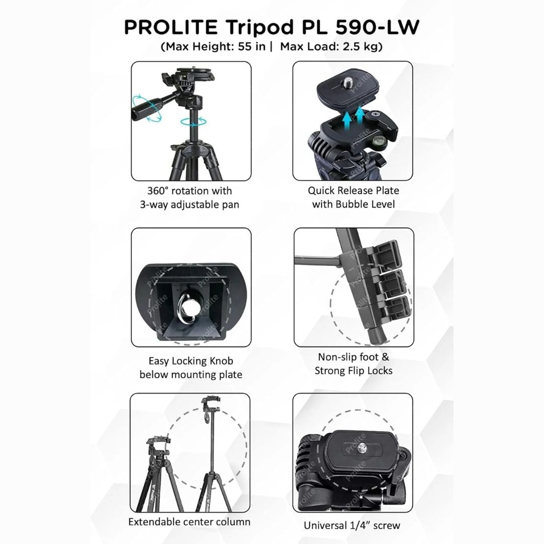 Prolite PL 590-LW Tripod with Mobile Holder & Carry Bag | Use with Mobile, DSLR Camera, GoPro | Max Height: 55 inch | Payload Upto 2.5 kg | Portable Lightweight Aluminum Tripod
