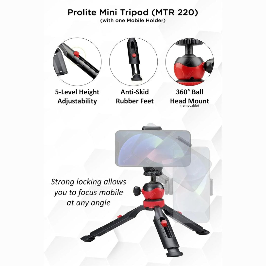 Prolite Mini Table Tripod (MTR-220) (18cm) with Mobile Holder | Portable, 360 Degree Ball Head, Height Adjustable | for Smart Phones, Compact Camera, GoPro, Ring Light 10 inch, Pocket Projector