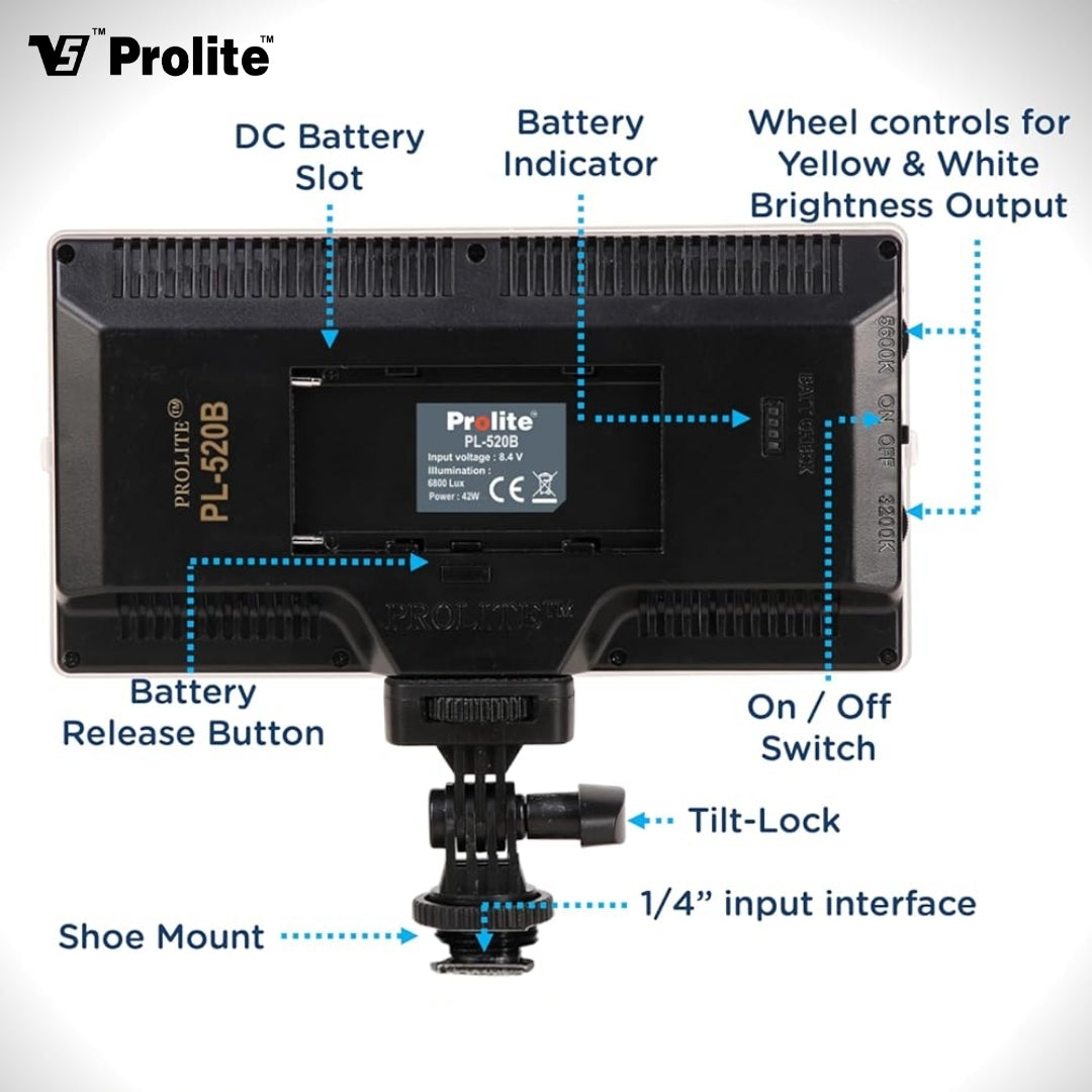 Prolite LED 520 Professional Video Light with NP-550 Li-ion Battery, 3200K-5600K Adjustable, 6800 LUX, 1/4″ Mount, C-Type Charging, Ideal for Content Creators, Product Photography, Makeup Shoots