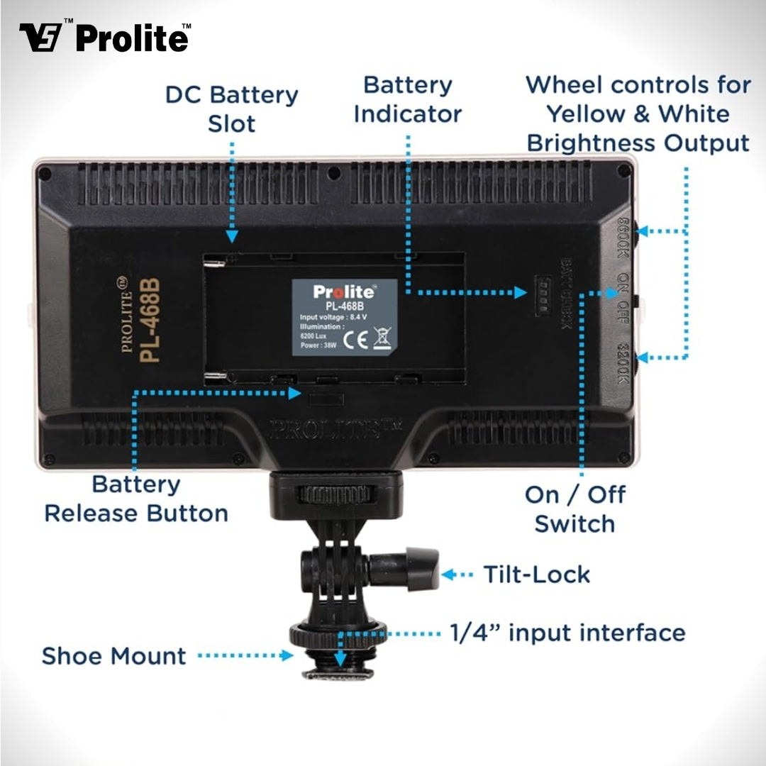 Prolite LED 468 Professional Video Light with NP-550 Li-ion Battery, 3200K-5600K Adjustable, 6200 LUX, 1/4″ Mount, C-Type Charging, Ideal for Content Creators, Product Photography, Makeup Shoots