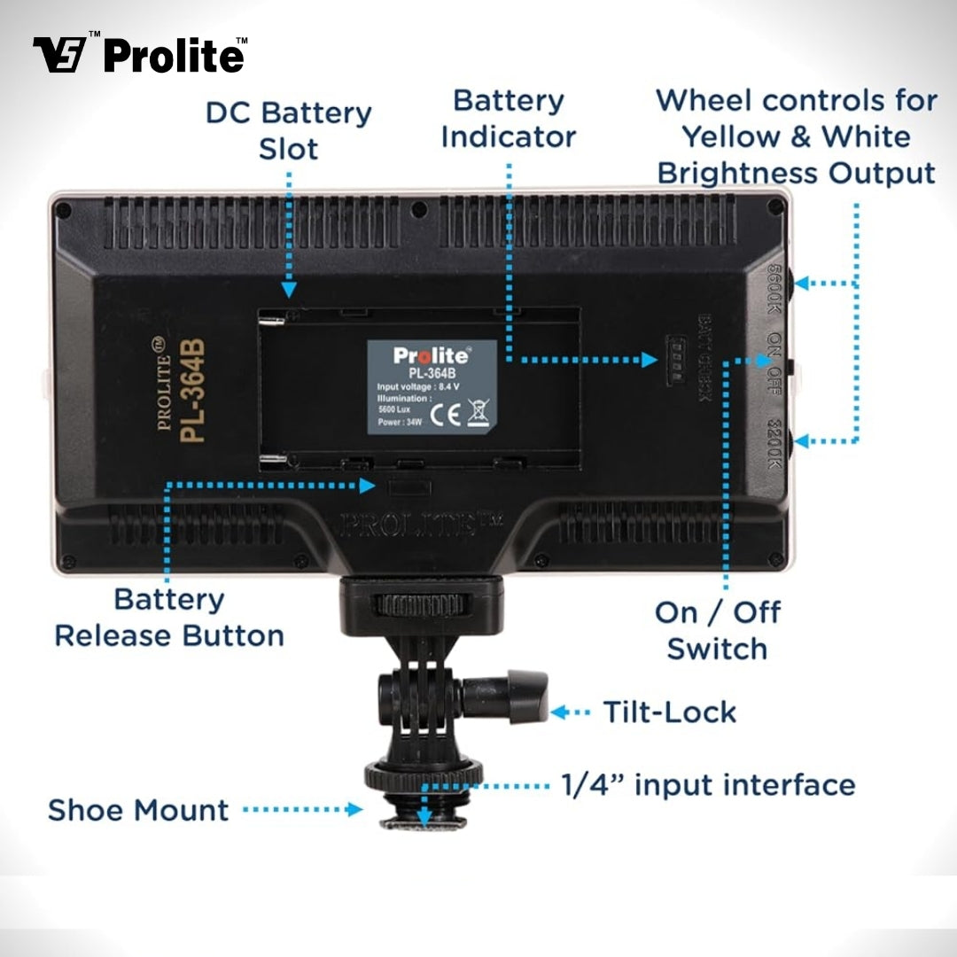 Prolite LED 364 Professional Video Light with NP-550 Li-ion Battery, 3200K-5600K Adjustable, 5600 LUX, 1/4″ Mount, C-Type Charging, Ideal for Content Creators, Product Photography, Makeup Shoots