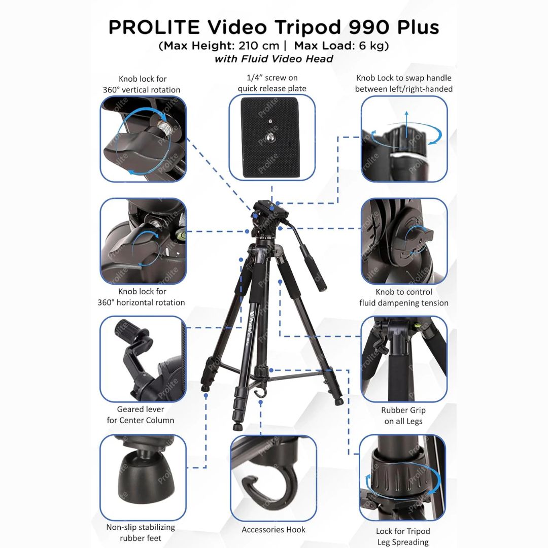 Prolite Tripod VCT 990 Plus (80 inch | Payload Upto 6 kg) with Fluid Video Head | Use with DSLR Camera, Video Camera