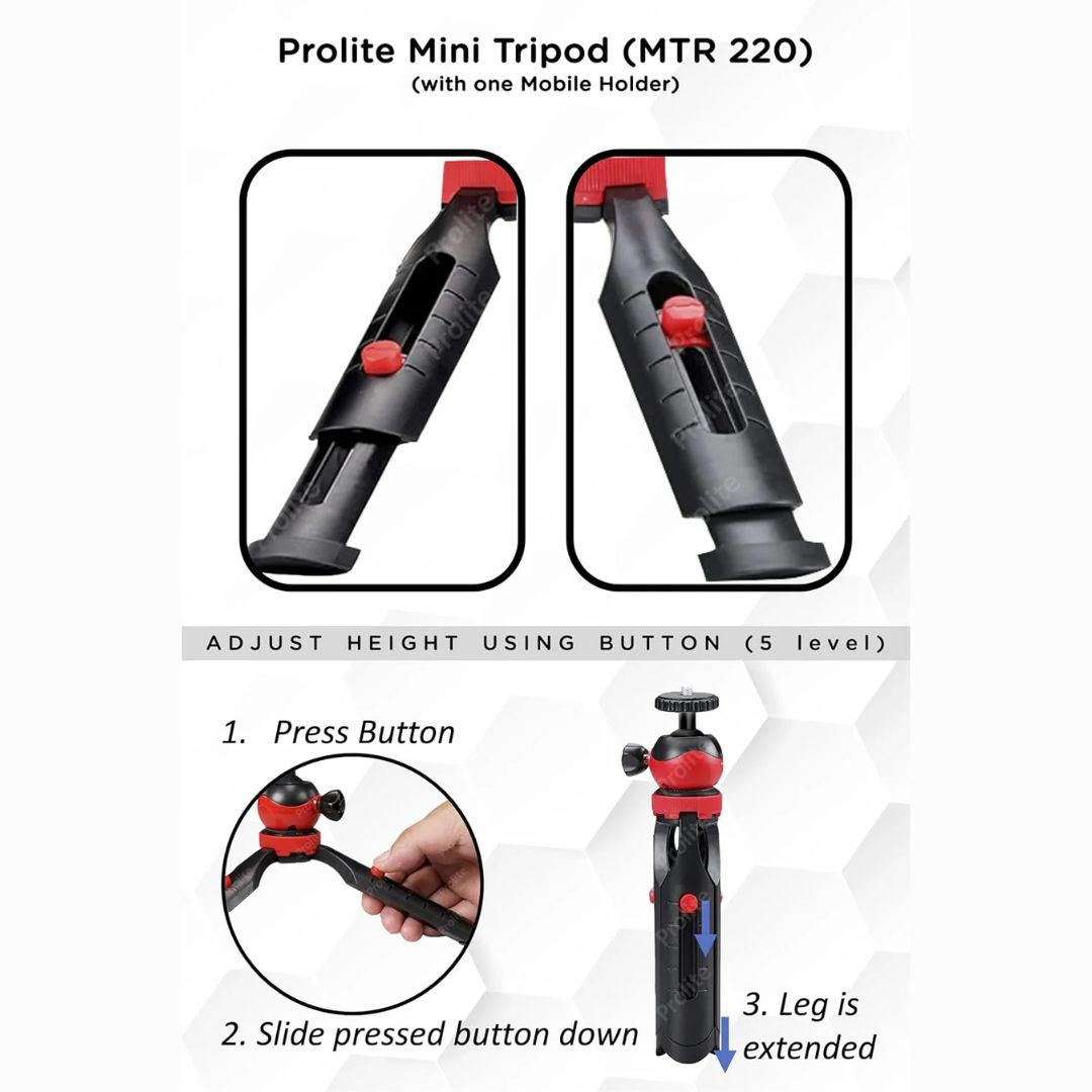 Prolite Mini Table Tripod (MTR-220) (18cm) with Mobile Holder | Portable, 360 Degree Ball Head, Height Adjustable | for Smart Phones, Compact Camera, GoPro, Ring Light 10 inch, Pocket Projector