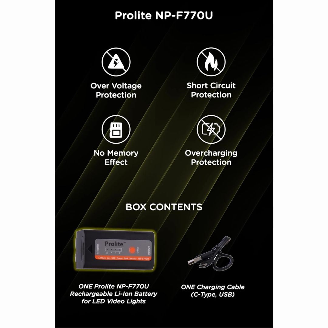 Prolite NP-F770U Li-ion LED Video Light Battery with Type-C Charging Cable & Level Indicator | Rechargeable for Sony Cameras & Powerbank
