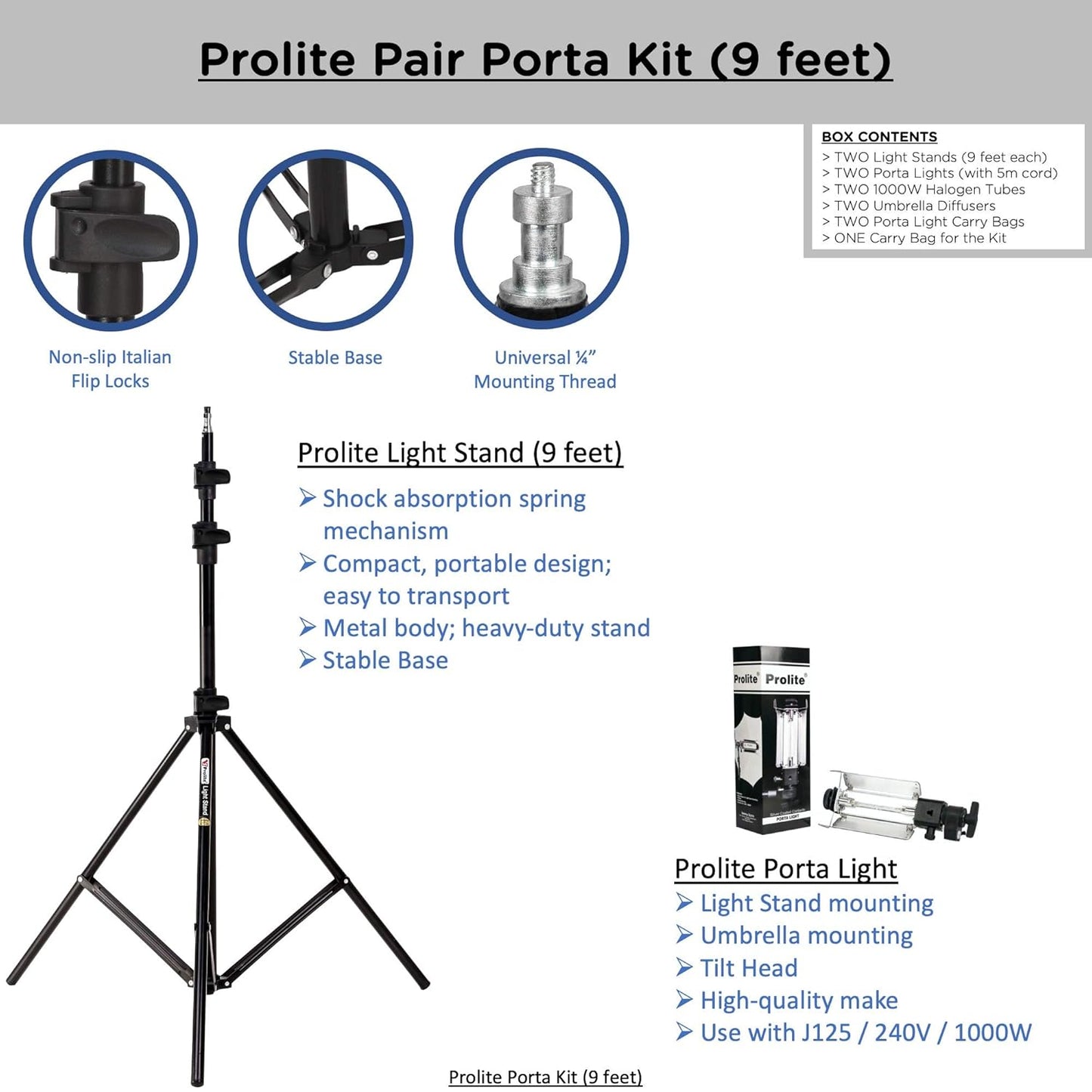 Prolite Porta Kit - 9ft Light Stands with Pair of Porta Lights & Umbrellas | Professional Video & Still Photography Lighting Kit
