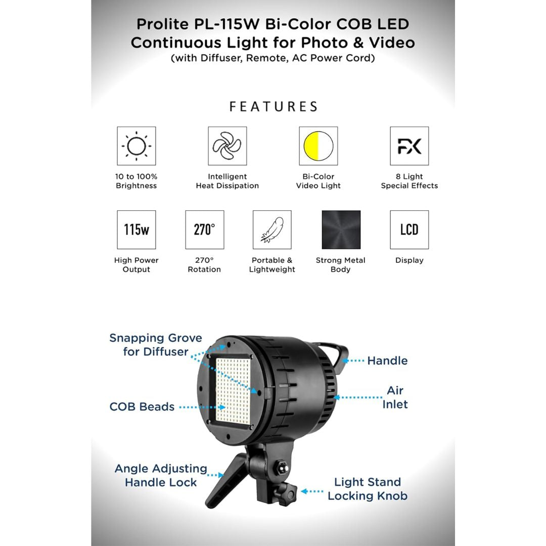 Prolite PL-115W Bi-Color COB LED Video Light – 3200K-5600K, 11500 Lux, 8 FX Modes | with Diffuser Cap, Remote & Power Cord | Studio & Wedding Photography Light
