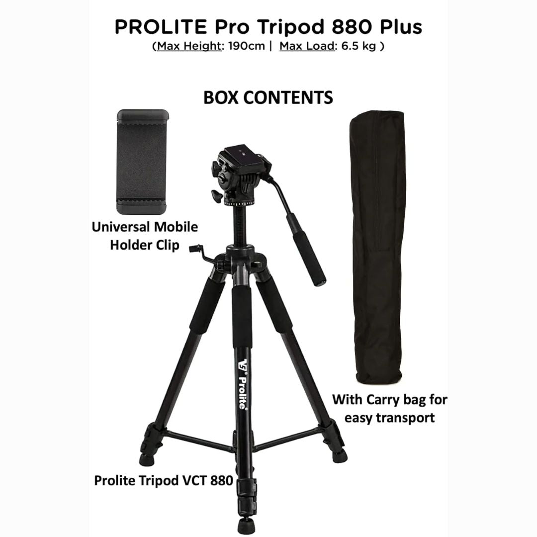 Prolite Tripod VCT 880 Plus (Max Height 72 inch | Payload Upto 6.5 kg) with Fluid Video Head | Mobile Holder & Carry Bag Included