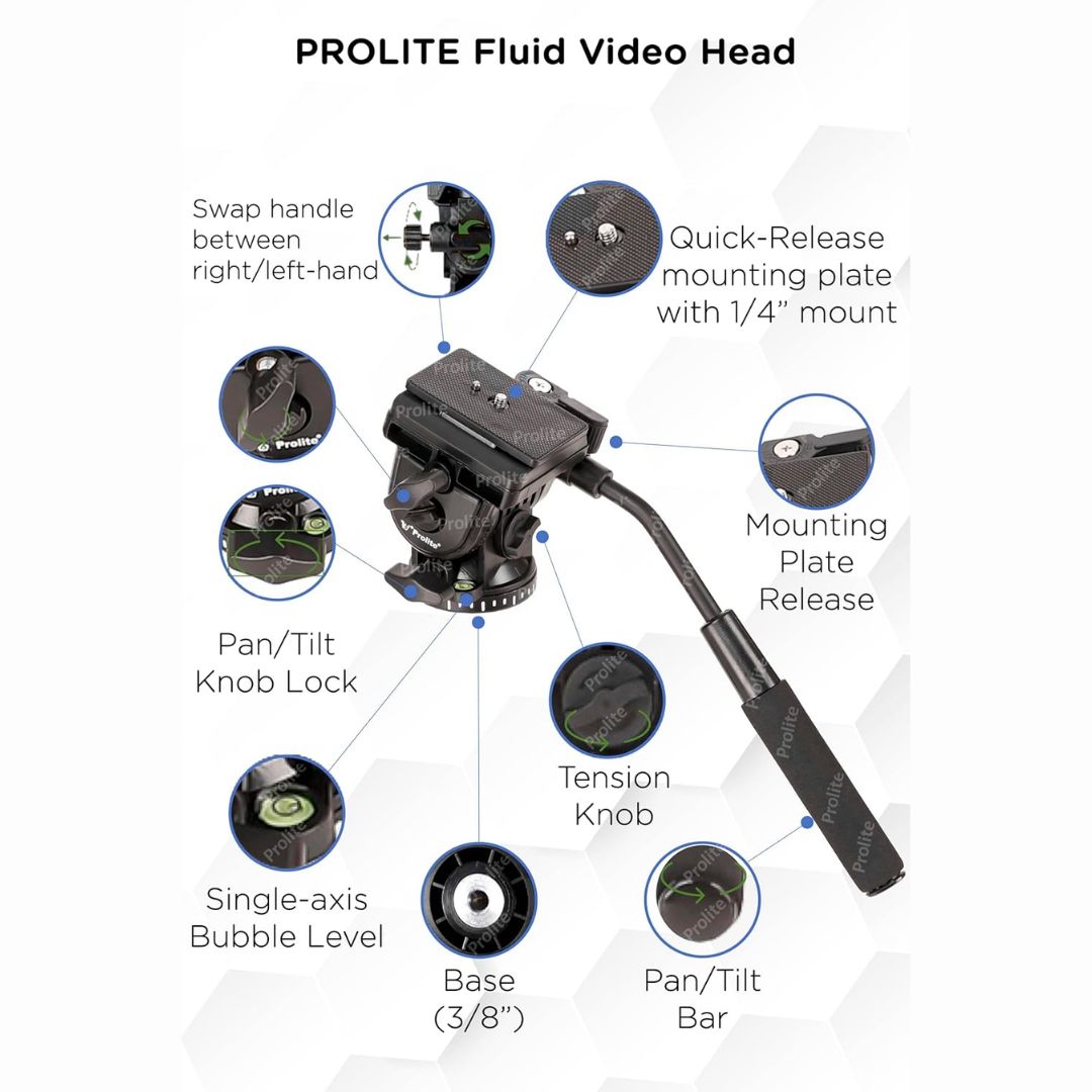 Prolite Fluid Video Tripod Head VH004 | Lightweight, Load Capacity 6 kg | Supports DSLR Video Camera on Tripod, Monopod, Slider Rail