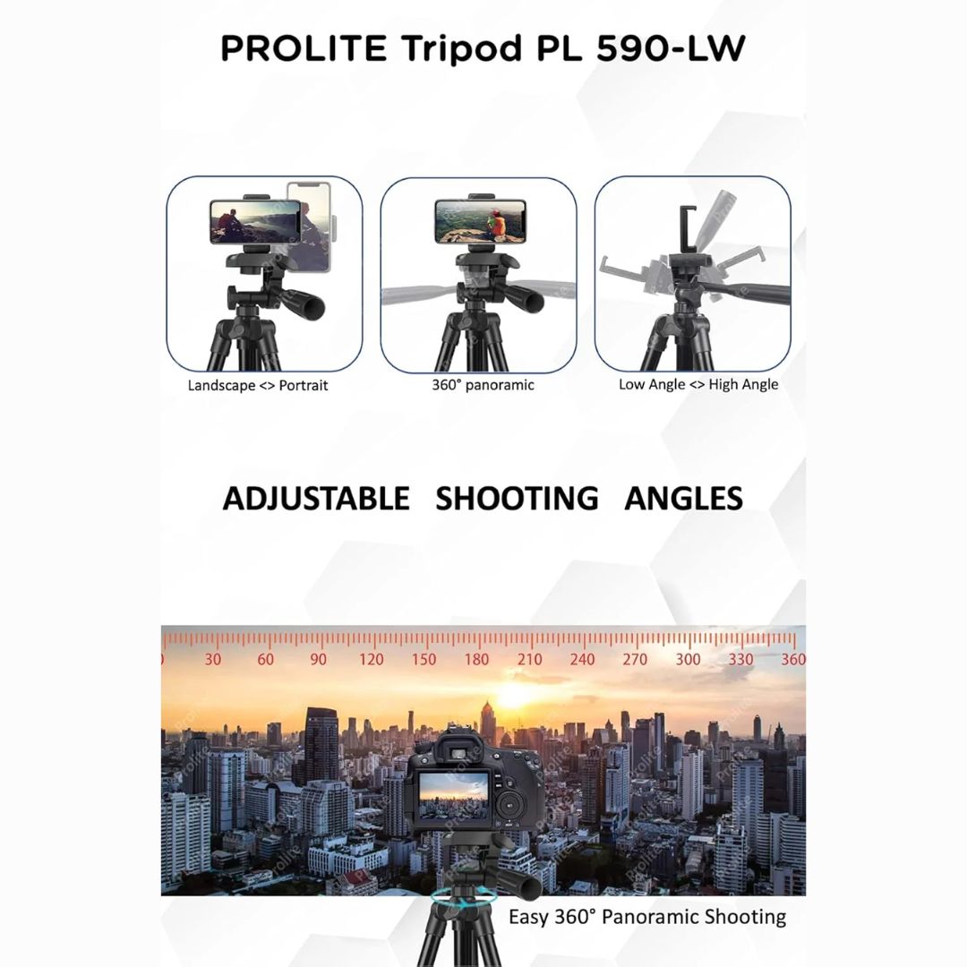 Prolite PL 590-LW Tripod with Mobile Holder & Carry Bag | Use with Mobile, DSLR Camera, GoPro | Max Height: 55 inch | Payload Upto 2.5 kg | Portable Lightweight Aluminum Tripod