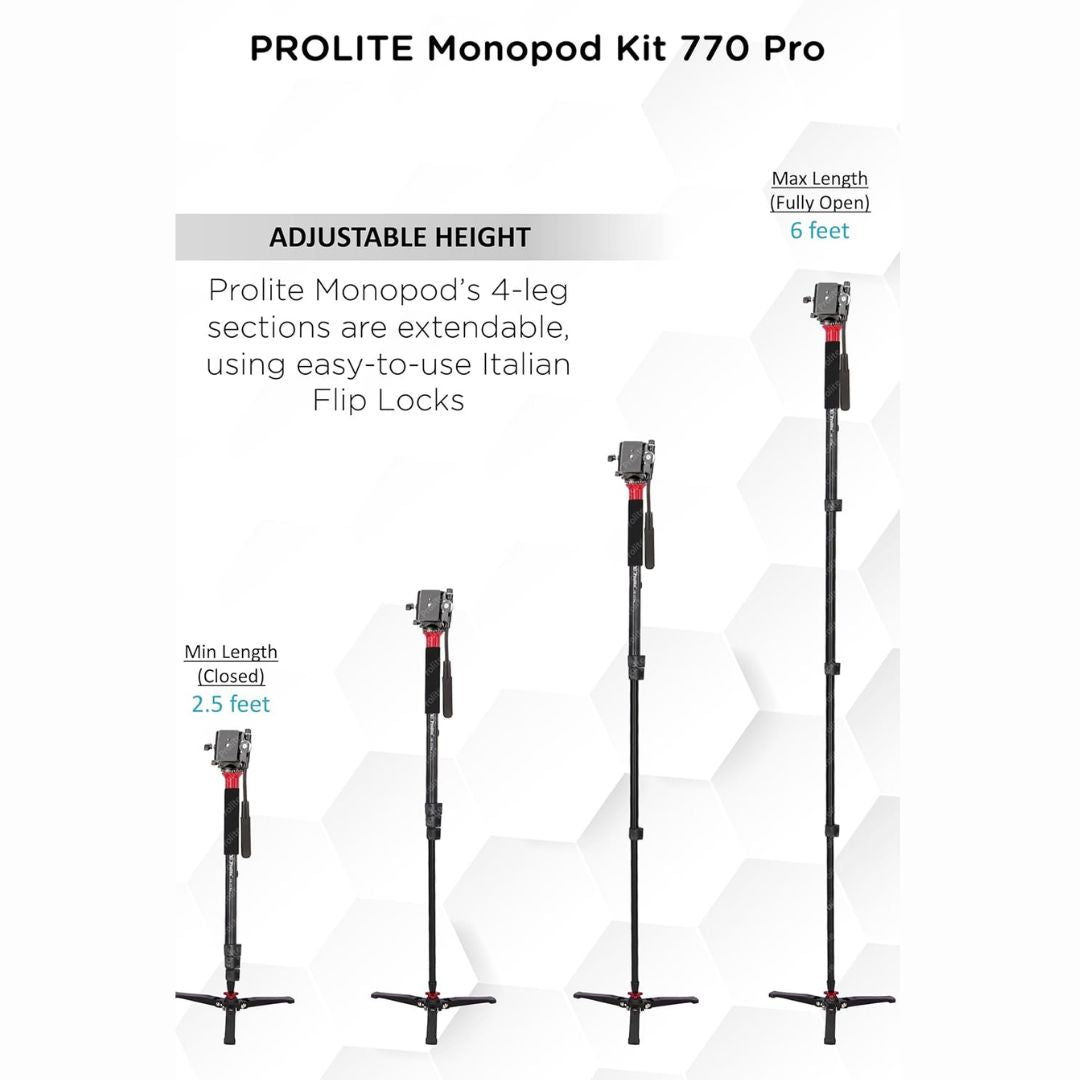 Prolite Monopod Kit 777 Pro VCT | Lightweight Heavy-Duty Monopod, Fluid Panhead, Standing Legs for Monopod | for DSLR Video Cameras | Load Capacity 6kg on Fluid Head & 15kg Directly on Monopod
