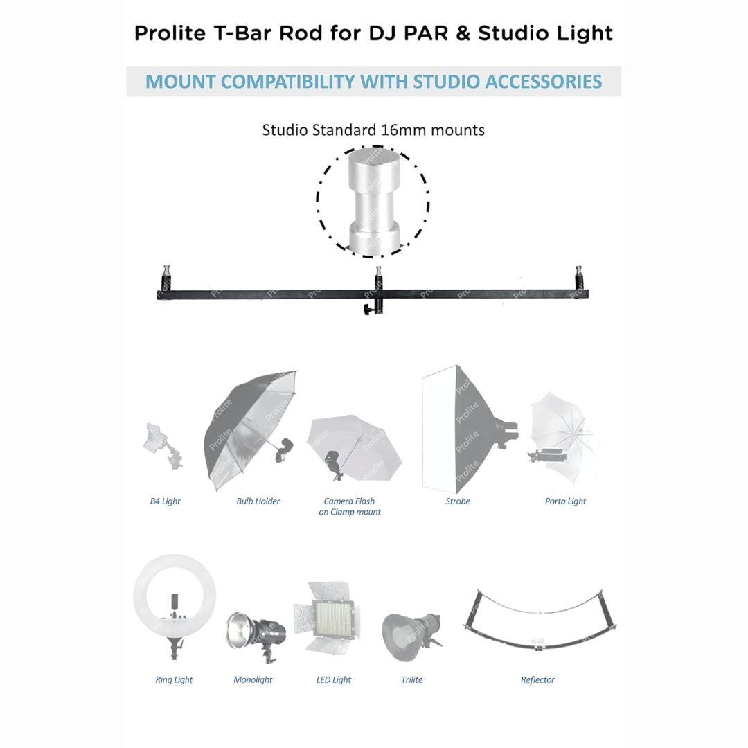 Prolite Multipurpose T-Bar Rod for Studio Lights, Flashes, Umbrellas, DJ PAR Lighting & Microphones (3 Mounts)