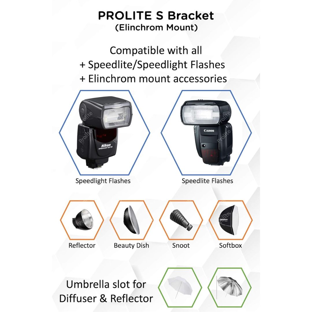 Prolite S Bracket | Elinchrom Mount, Tilt Control & Umbrella Slot | Compatible with Speedlite Flash, Softbox, Reflector, Snoot & Barndoor Kit | For Photography & Videography