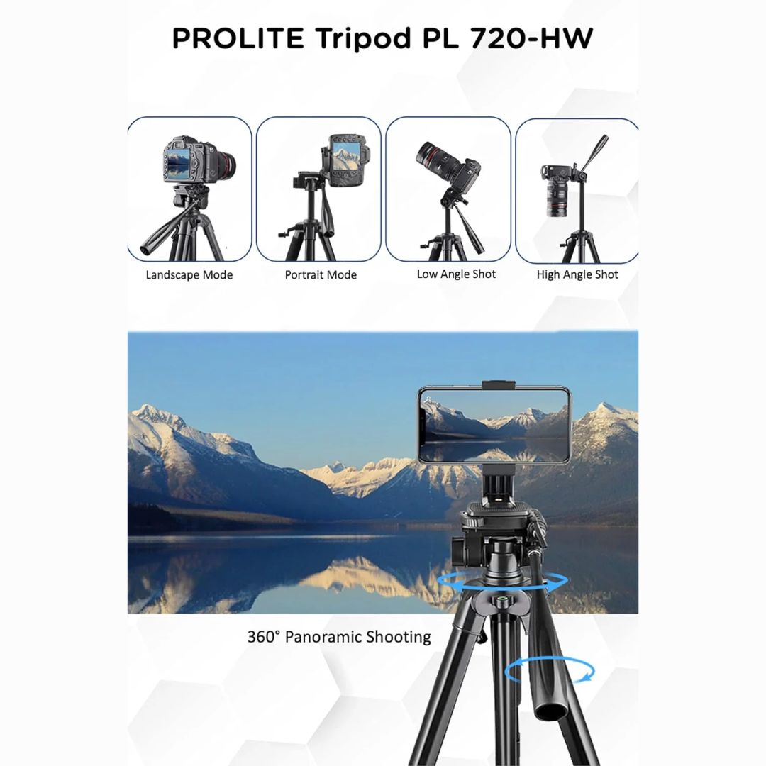 Prolite PL 720-HW Tripod with Mobile Holder & Carry Bag | Use with DSLR Camera, Video Camera, Mobile | Max Height: 67 inch | Payload Upto 5 kg | Portable Lightweight Aluminum Tripod
