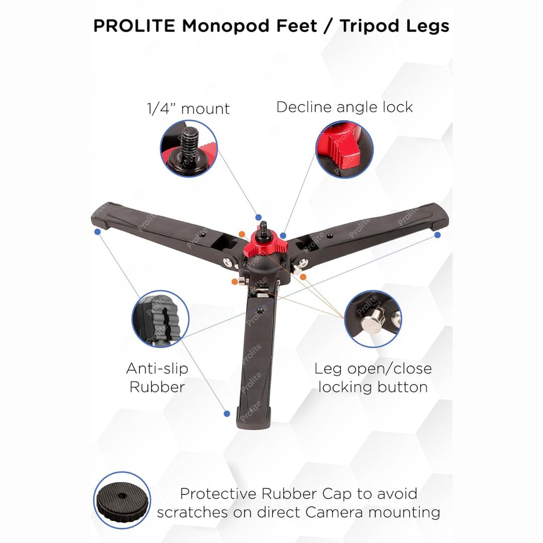 Prolite Monopod Feet Mf001|Portable,Foldable,Lightweight Tripod Legs|Provides Stability to DSLR,Prolite Monopod,Accessories with 1/4" Mounting Thread,Black