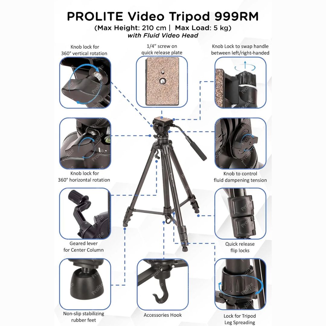 Prolite Tripod VCT 998RM (Max Height 67 inch | Payload Upto 5 kg) with Fluid Video Head | Mobile Holder & Carry Bag Included