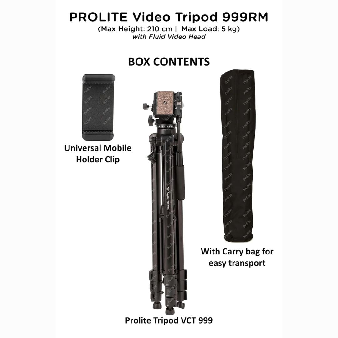 Prolite Tripod VCT 999RM (Max Height 80 inch | Payload Upto 5 kg) with Fluid Video Head | Mobile Holder & Carry Bag Included