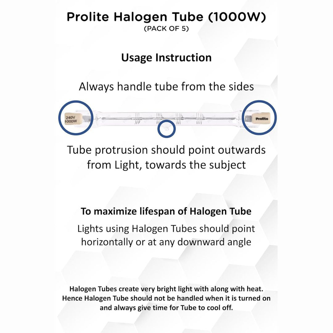 Prolite Premium 1000W Halogen Tube for Continuous Light (Pack of 5) | Ideal for Photography & Videography | Halogen Base for Steady, Warm Lighting