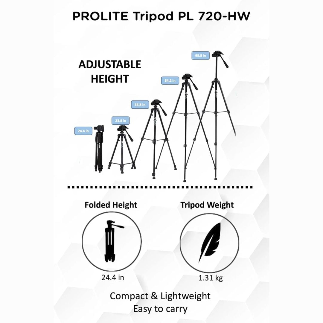 Prolite PL 720-HW Tripod with Mobile Holder & Carry Bag | Use with DSLR Camera, Video Camera, Mobile | Max Height: 67 inch | Payload Upto 5 kg | Portable Lightweight Aluminum Tripod
