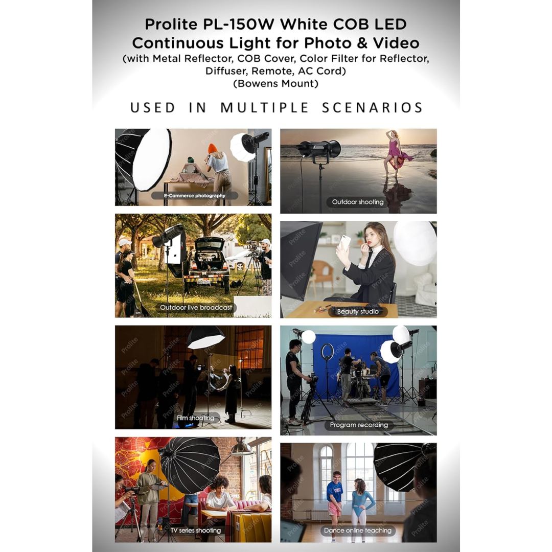 Prolite PL-150W COB LED Video Light – 15000 Lux, 6500K | Bowens Mount, Reflector, Diffuser, Remote | Studio & Wedding Photography Light