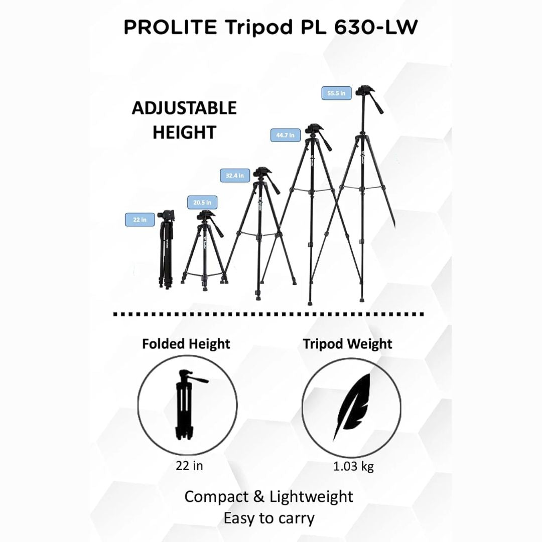 Prolite PL 630-LW Tripod with Mobile Holder & Carry Bag | Use with DSLR Camera, Mobile, Video Camera, GoPro | Max Height: 57 inch | Payload Upto 4 kg | Portable Lightweight Aluminum Tripod