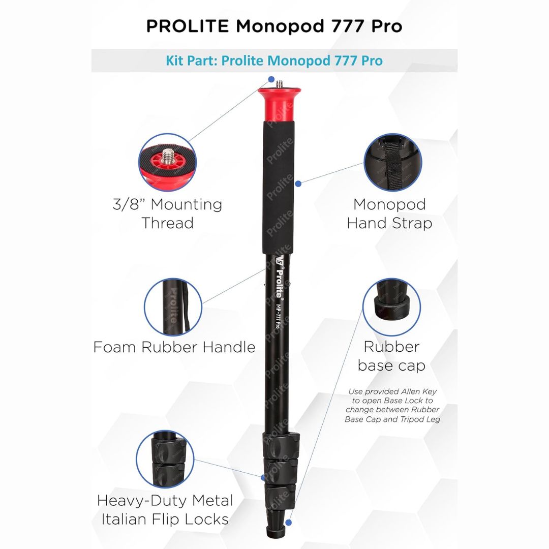 Prolite Monopod Kit 777 Pro VCT | Lightweight Heavy-Duty Monopod, Fluid Panhead, Standing Legs for Monopod | for DSLR Video Cameras | Load Capacity 6kg on Fluid Head & 15kg Directly on Monopod