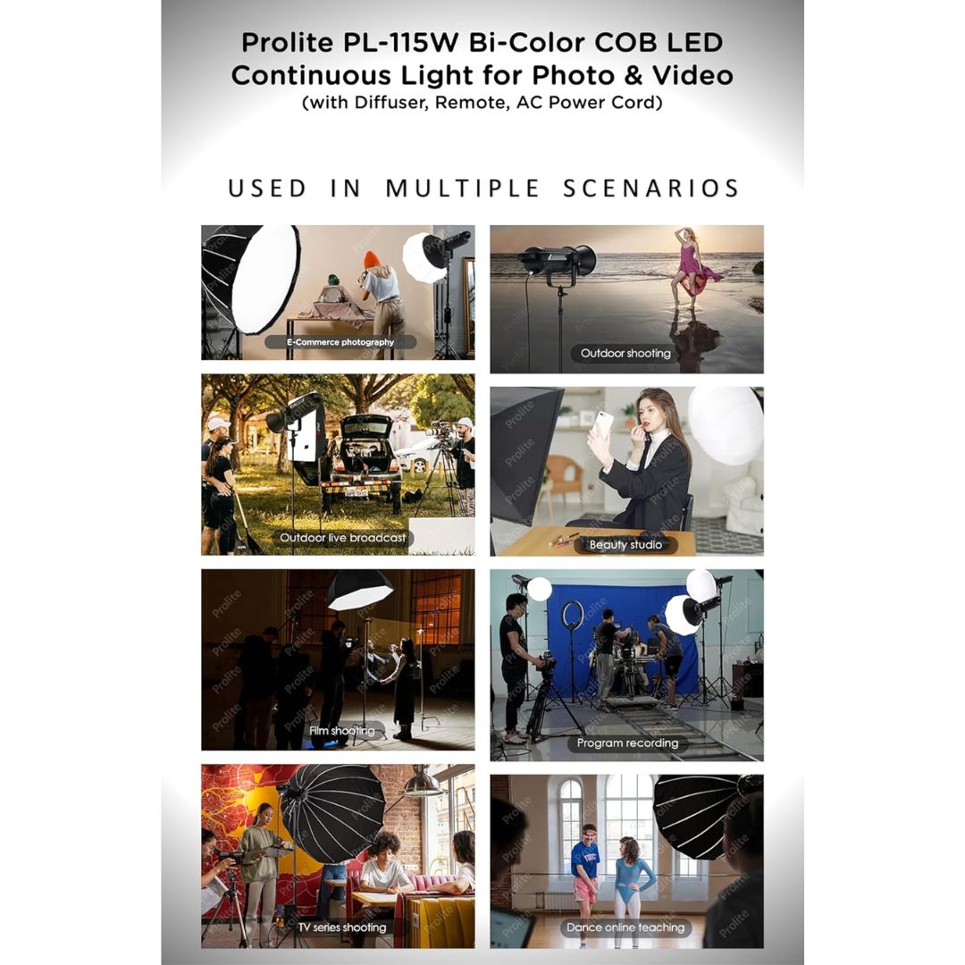 Prolite PL-115W Bi-Color COB LED Video Light – 3200K-5600K, 11500 Lux, 8 FX Modes | with Diffuser Cap, Remote & Power Cord | Studio & Wedding Photography Light