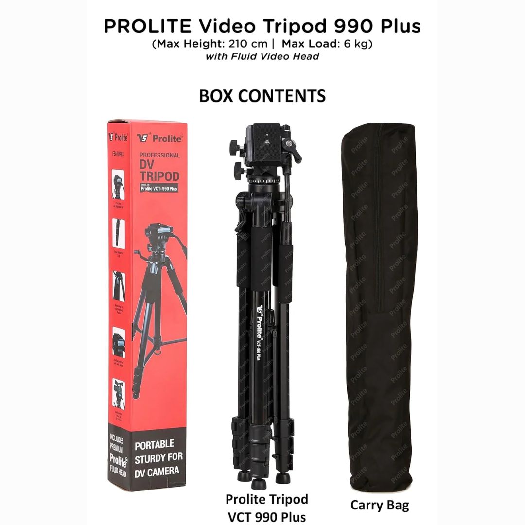 Prolite Tripod VCT 990 Plus (80 inch | Payload Upto 6 kg) with Fluid Video Head | Use with DSLR Camera, Video Camera