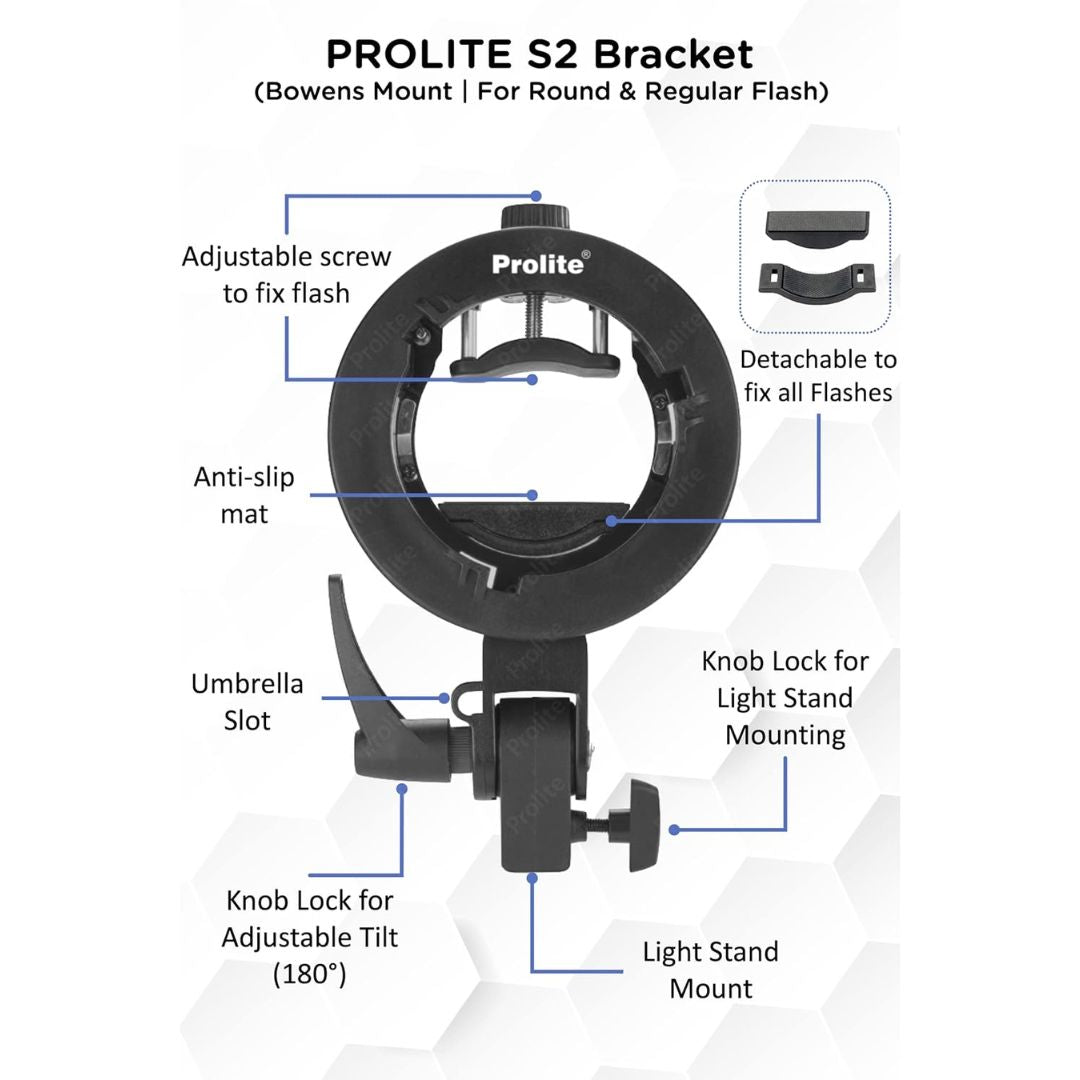 Prolite S2 Bracket | Bowens Mount, Tilt Control & Umbrella Slot | Compatible with Speedlite Flash, Softbox, Reflector, Snoot | For Photography & Videography