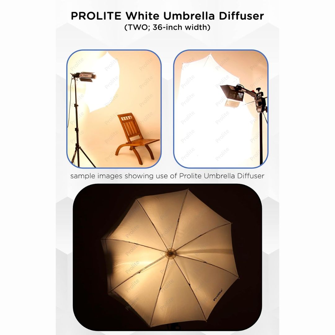 Prolite 36-Inch White Umbrella Diffuser (Pack of 2) for Photography & Videography | Metal Body | Ideal for Speedlite Flash, Umbrella Clamps, & Continuous Light (Sungun, Porta)