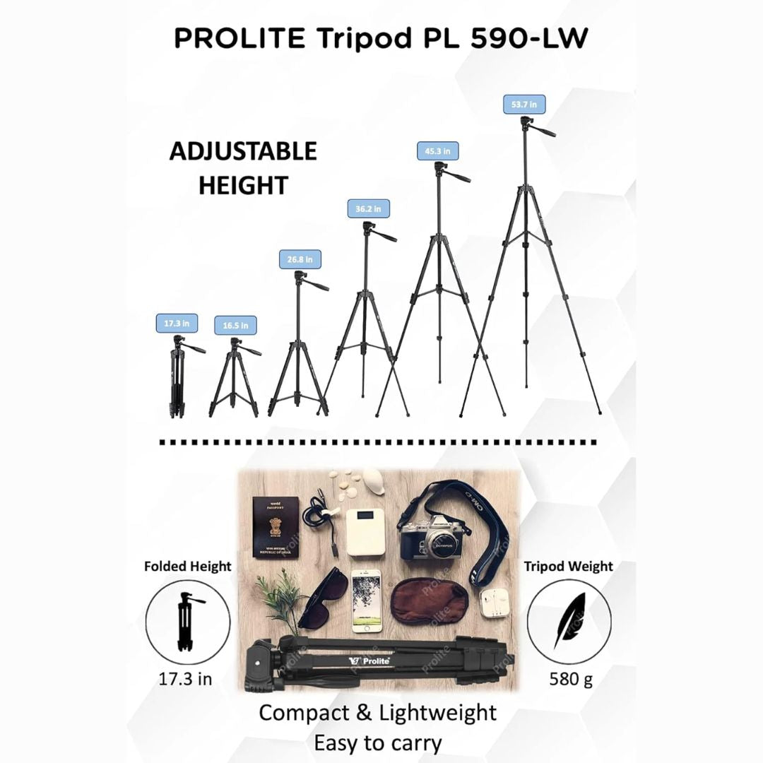 Prolite PL 590-LW Tripod with Mobile Holder & Carry Bag | Use with Mobile, DSLR Camera, GoPro | Max Height: 55 inch | Payload Upto 2.5 kg | Portable Lightweight Aluminum Tripod