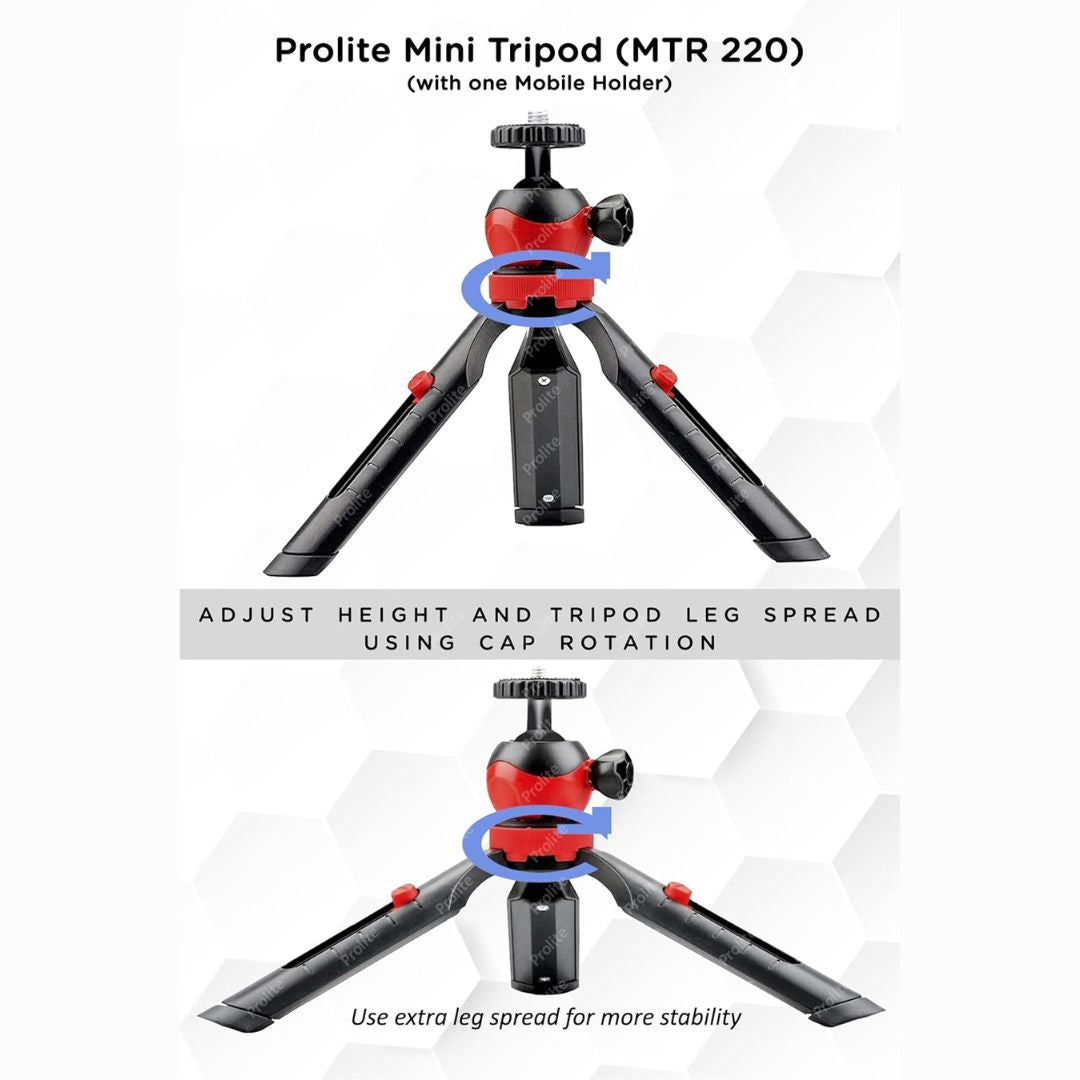 Prolite Mini Table Tripod (MTR-220) (18cm) with Mobile Holder | Portable, 360 Degree Ball Head, Height Adjustable | for Smart Phones, Compact Camera, GoPro, Ring Light 10 inch, Pocket Projector