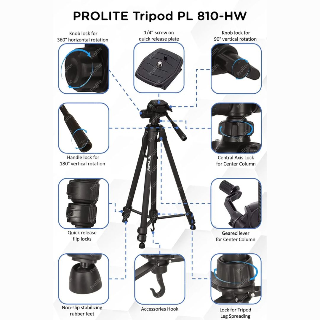 Prolite PL 810-HW Tripod with Mobile Holder & Carry Bag | Use with Video Camera, DSLR Camera, Mobile | Max Height: 70 inch | Payload Upto 6 kg | Portable Lightweight Aluminum Tripod