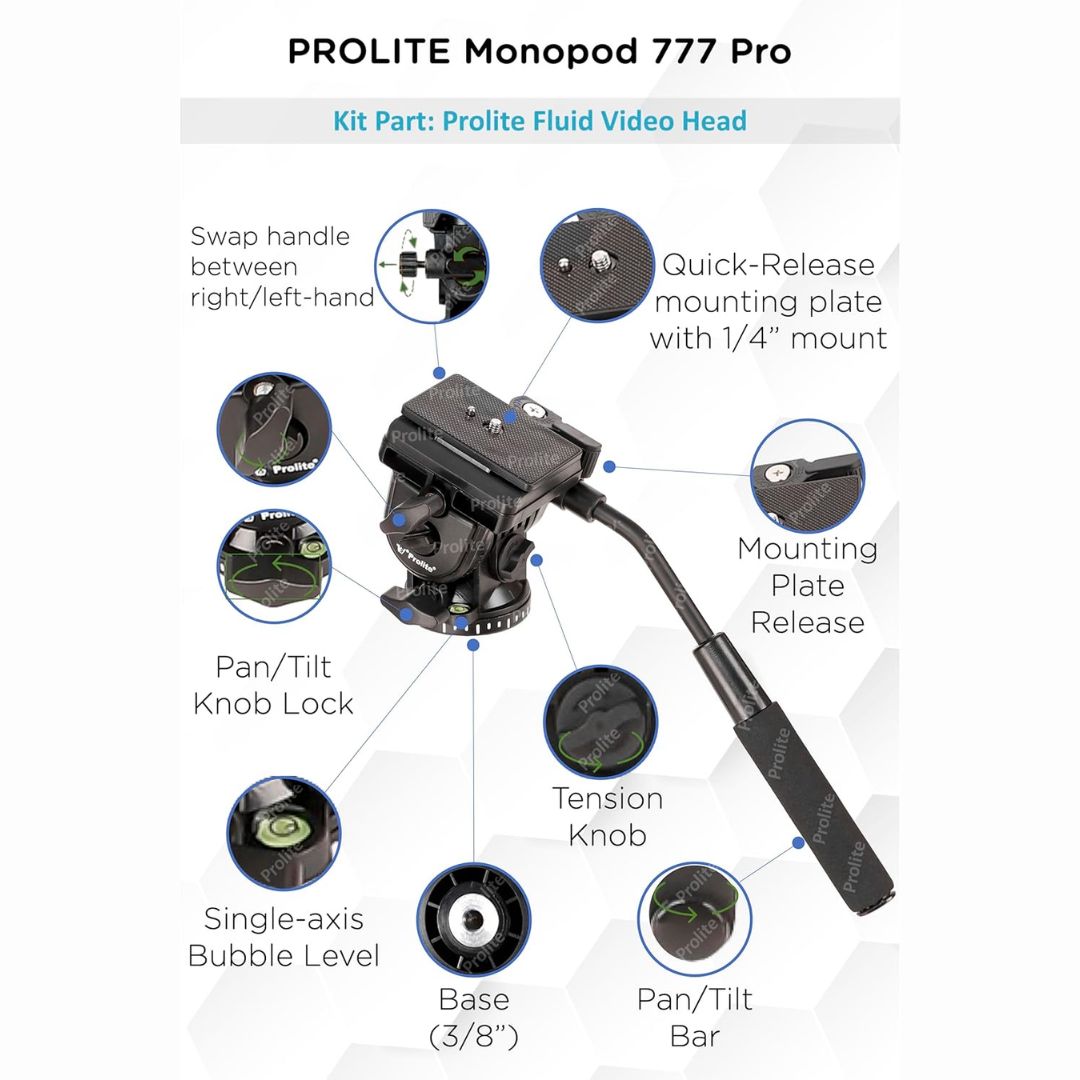 Prolite Monopod Kit 777 Pro VCT | Lightweight Heavy-Duty Monopod, Fluid Panhead, Standing Legs for Monopod | for DSLR Video Cameras | Load Capacity 6kg on Fluid Head & 15kg Directly on Monopod
