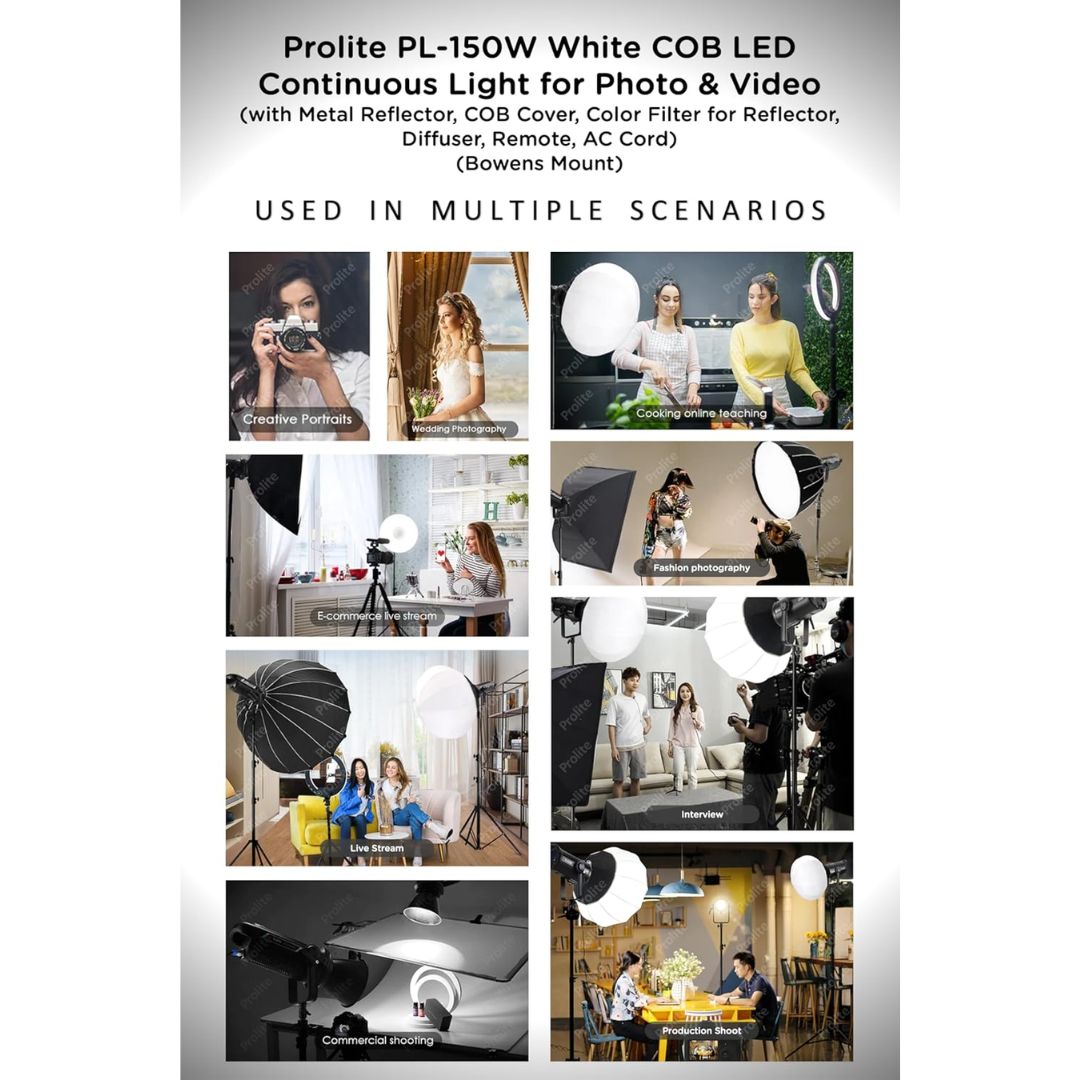 Prolite PL-150W COB LED Video Light – 15000 Lux, 6500K | Bowens Mount, Reflector, Diffuser, Remote | Studio & Wedding Photography Light