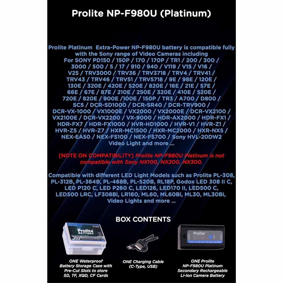 Prolite NP-F980U Platinum Replacement Li-ion Camera Battery | Type-C Cable, Indicator, USB Out, Rechargeable, Powerbank Ready