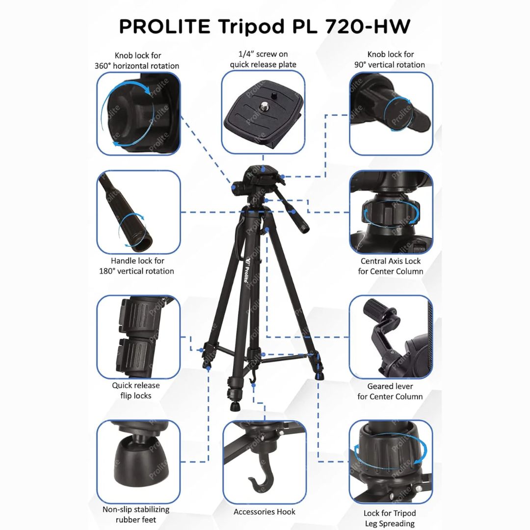 Prolite PL 720-HW Tripod with Mobile Holder & Carry Bag | Use with DSLR Camera, Video Camera, Mobile | Max Height: 67 inch | Payload Upto 5 kg | Portable Lightweight Aluminum Tripod