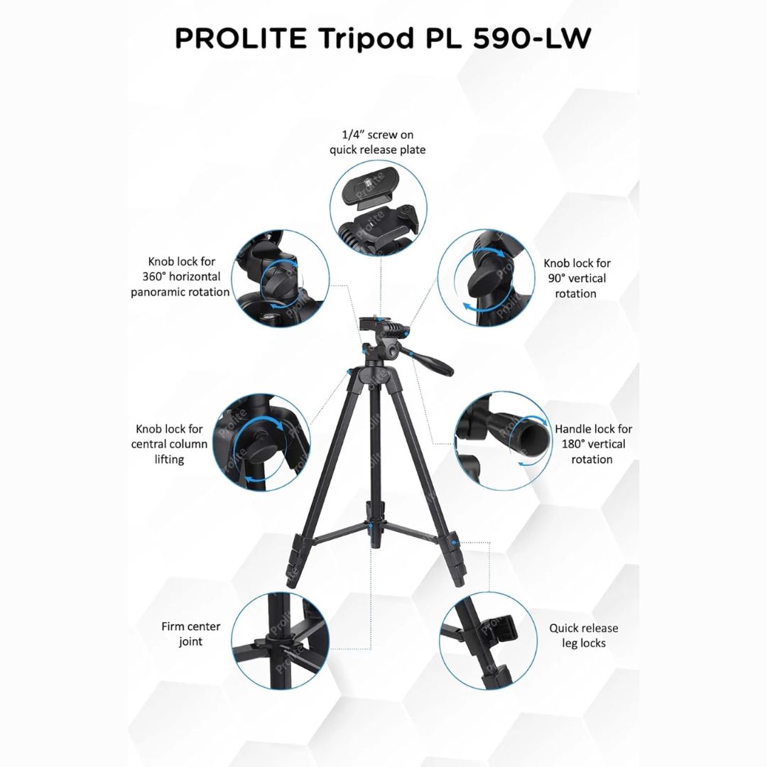 Prolite PL 590-LW Tripod with Mobile Holder & Carry Bag | Use with Mobile, DSLR Camera, GoPro | Max Height: 55 inch | Payload Upto 2.5 kg | Portable Lightweight Aluminum Tripod