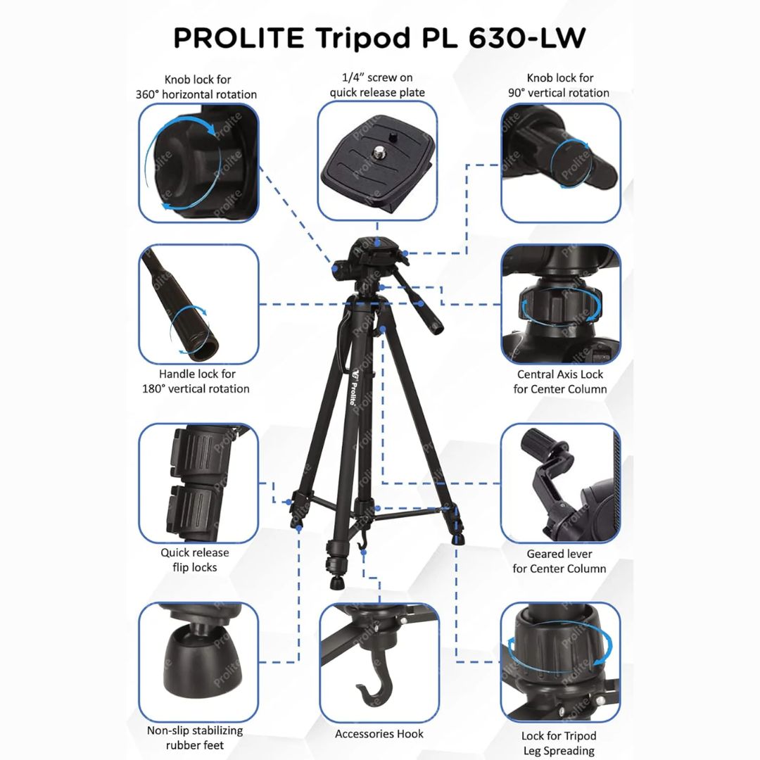 Prolite PL 630-LW Tripod with Mobile Holder & Carry Bag | Use with DSLR Camera, Mobile, Video Camera, GoPro | Max Height: 57 inch | Payload Upto 4 kg | Portable Lightweight Aluminum Tripod