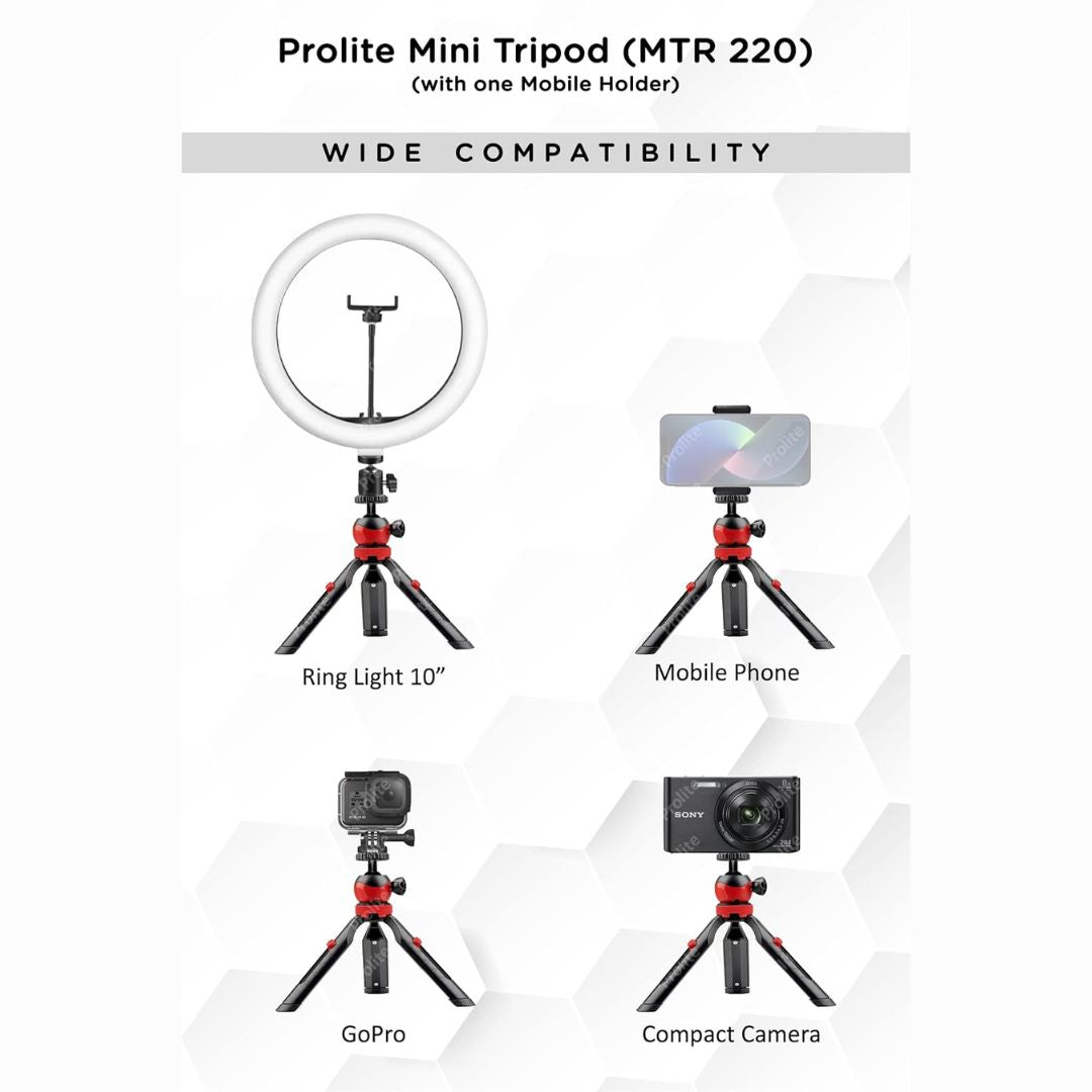 Prolite Mini Table Tripod (MTR-220) (18cm) with Mobile Holder | Portable, 360 Degree Ball Head, Height Adjustable | for Smart Phones, Compact Camera, GoPro, Ring Light 10 inch, Pocket Projector