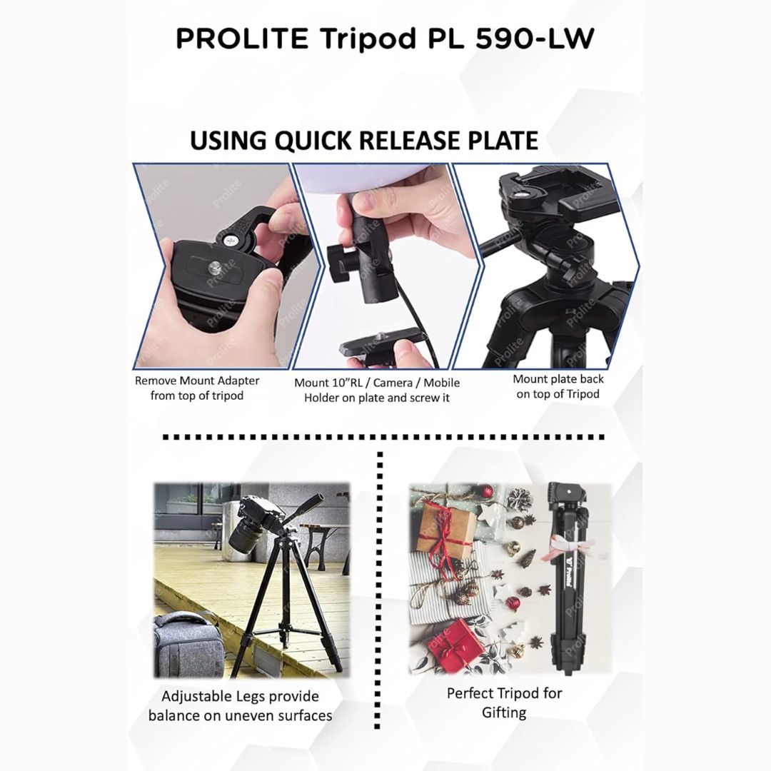 Prolite PL 590-LW Tripod with Mobile Holder & Carry Bag | Use with Mobile, DSLR Camera, GoPro | Max Height: 55 inch | Payload Upto 2.5 kg | Portable Lightweight Aluminum Tripod