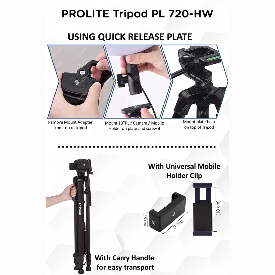 Prolite PL 720-HW Tripod with Mobile Holder & Carry Bag | Use with DSLR Camera, Video Camera, Mobile | Max Height: 67 inch | Payload Upto 5 kg | Portable Lightweight Aluminum Tripod