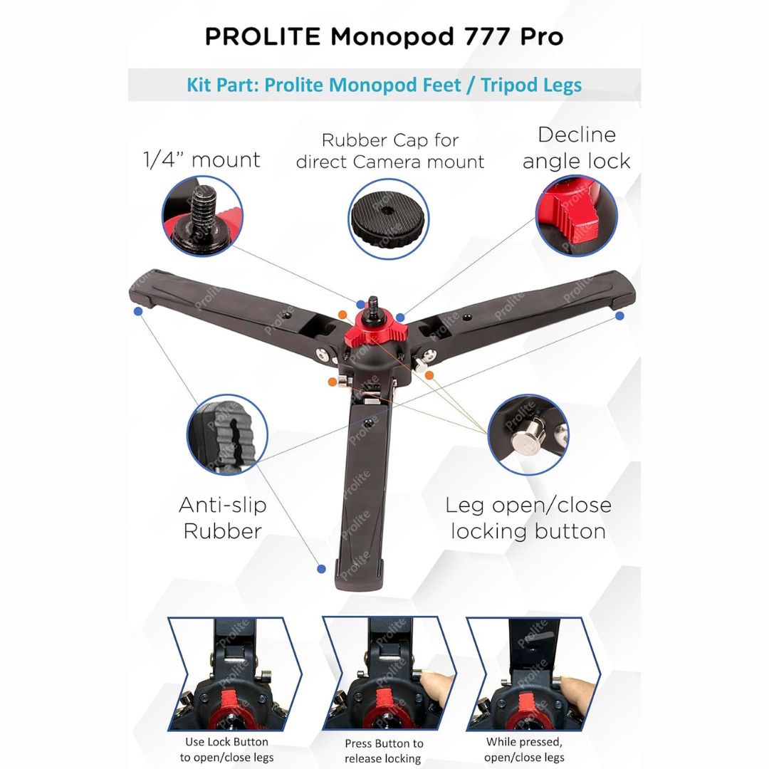 Prolite Monopod Kit 777 Pro VCT | Lightweight Heavy-Duty Monopod, Fluid Panhead, Standing Legs for Monopod | for DSLR Video Cameras | Load Capacity 6kg on Fluid Head & 15kg Directly on Monopod