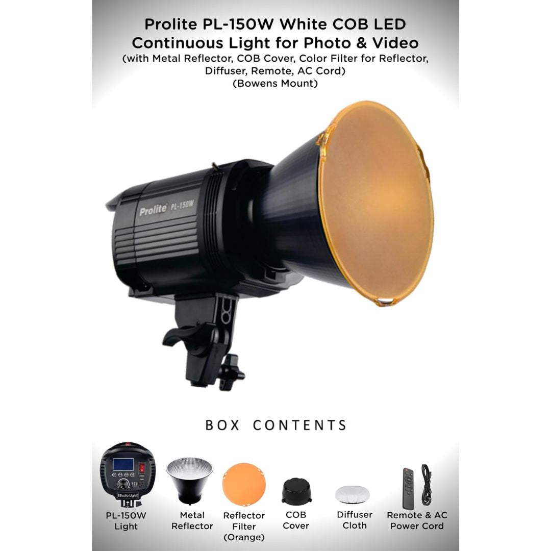Prolite PL-150W COB LED Video Light – 15000 Lux, 6500K | Bowens Mount, Reflector, Diffuser, Remote | Studio & Wedding Photography Light