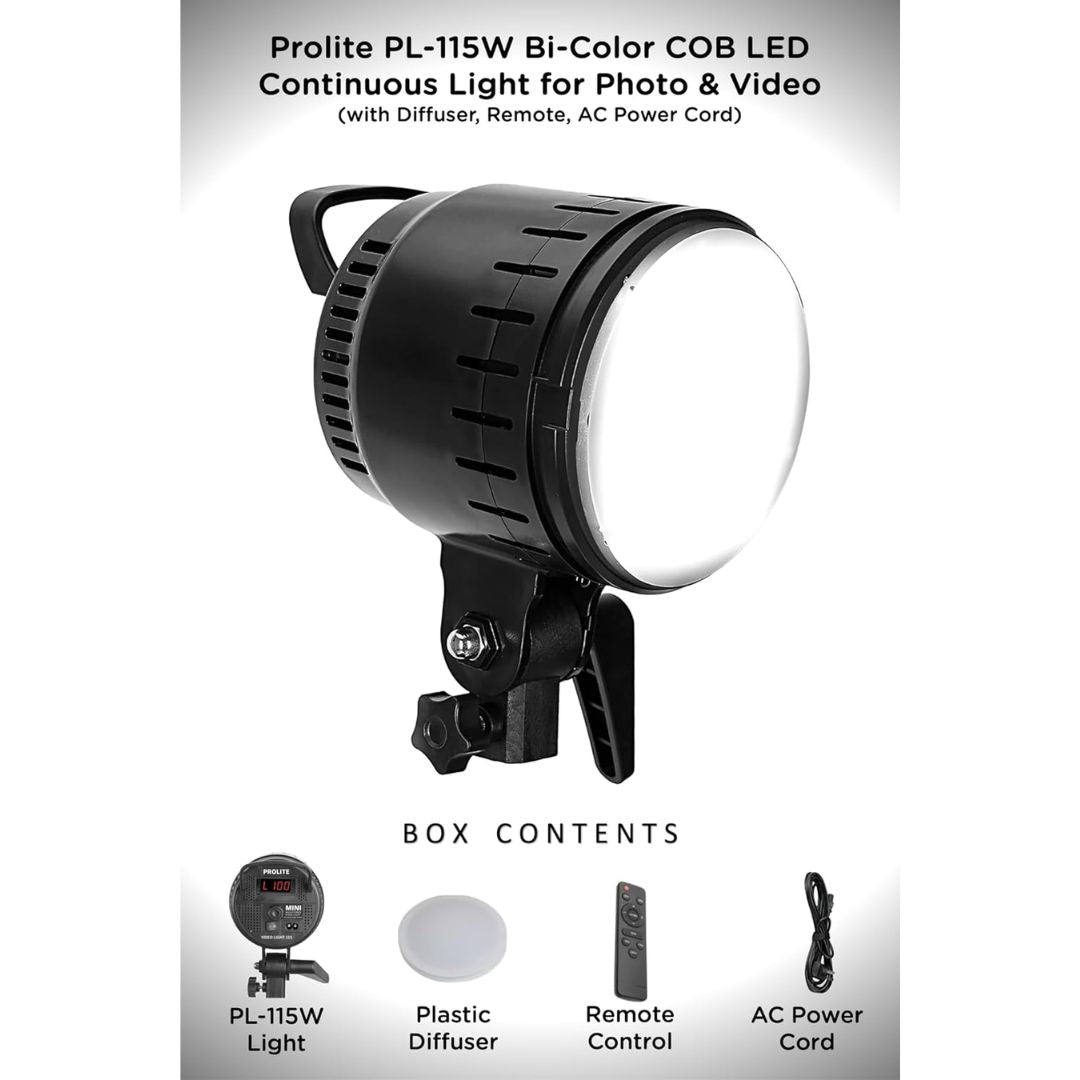 Prolite PL-115W Bi-Color COB LED Video Light – 3200K-5600K, 11500 Lux, 8 FX Modes | with Diffuser Cap, Remote & Power Cord | Studio & Wedding Photography Light