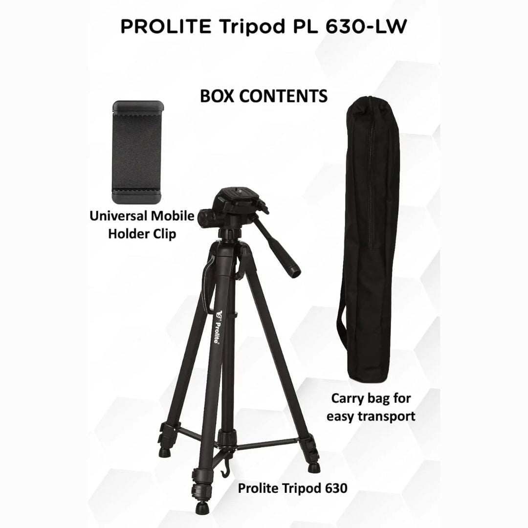 Prolite PL 630-LW Tripod with Mobile Holder & Carry Bag | Use with DSLR Camera, Mobile, Video Camera, GoPro | Max Height: 57 inch | Payload Upto 4 kg | Portable Lightweight Aluminum Tripod