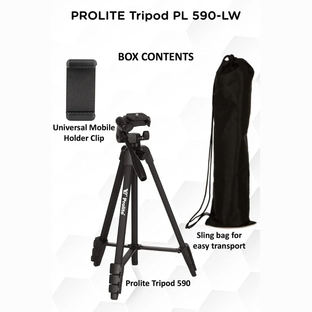 Prolite PL 590-LW Tripod with Mobile Holder & Carry Bag | Use with Mobile, DSLR Camera, GoPro | Max Height: 55 inch | Payload Upto 2.5 kg | Portable Lightweight Aluminum Tripod
