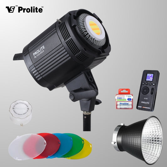 Prolite Litemax PL-150 Bi Gold (with Metal Reflector, 5 Color Filter Set (RGBWW), PL-C9 Remote 2.4GHz, Enemax 1100 AAAX2)