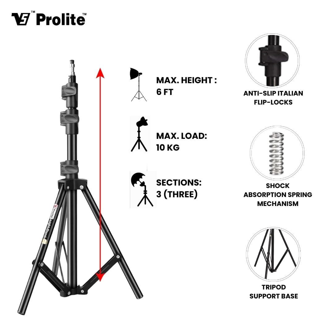Prolite Heavy-Duty Light Stand (6 feet) for COB Lights, Ring Light, Video Lights, Flash, Reflector, Diffuser, Photo & Video Studio Shooting (Portable, Foldable with Carry Bag)