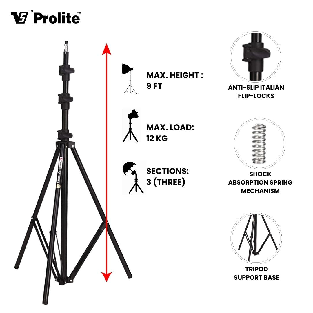 Prolite Heavy-Duty Light Stand (9 feet) for COB Lights, Ring Light, Video Lights, Flash, Reflector, Diffuser, Photo & Video Studio Shooting (Portable, Foldable)