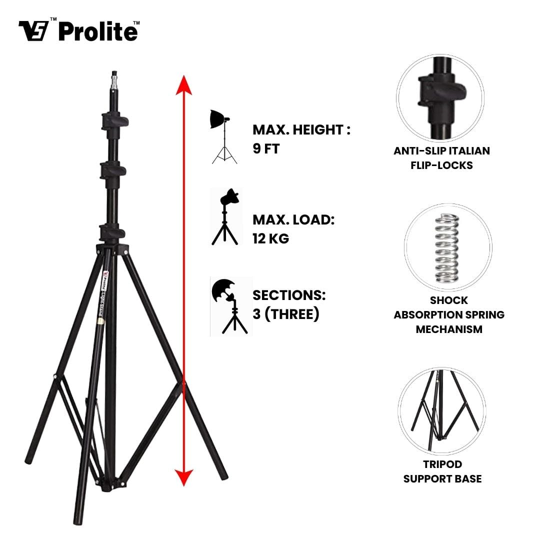 Prolite Heavy-Duty Light Stand (9 feet) for COB Lights, Ring Light, Video Lights, Flash, Reflector, Diffuser, Photo & Video Studio Shooting (Portable, Foldable with Carry Bag)